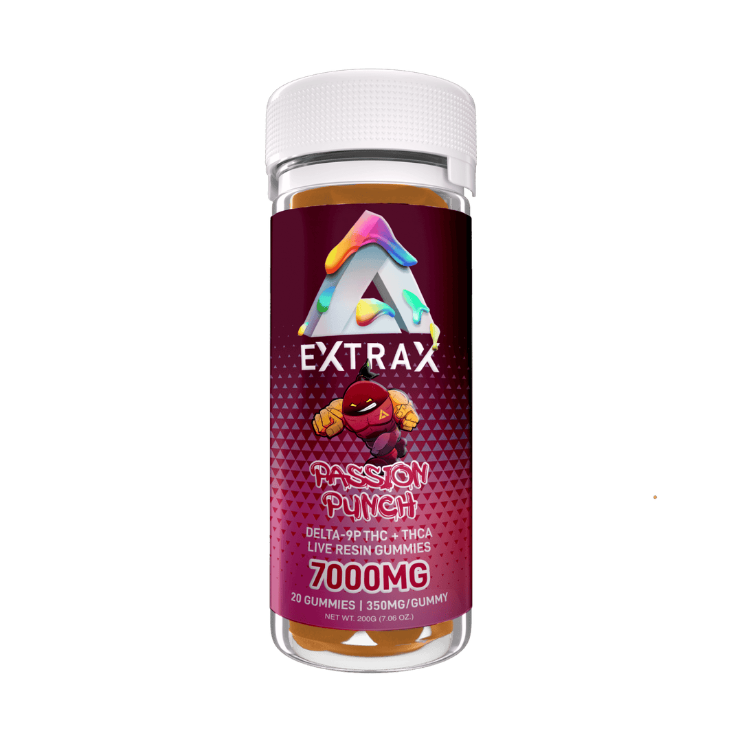 Extrax Adios Live Resin Gummies 20 pieces | Adios Passion Punch THCA+D9P THC Edible Gummies 350mg per gummy/7000mg jar | CBD Direct Solutions