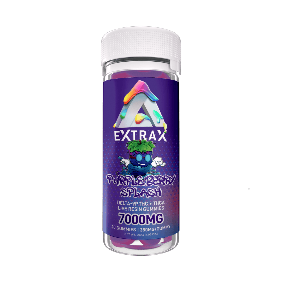 Extrax Adios Live Resin Gummies 20 pieces | Adios Purpleberry Splash THCA+D9P THC Edible Gummies 350mg per gummy/7000mg jar | CBD Direct Solutions