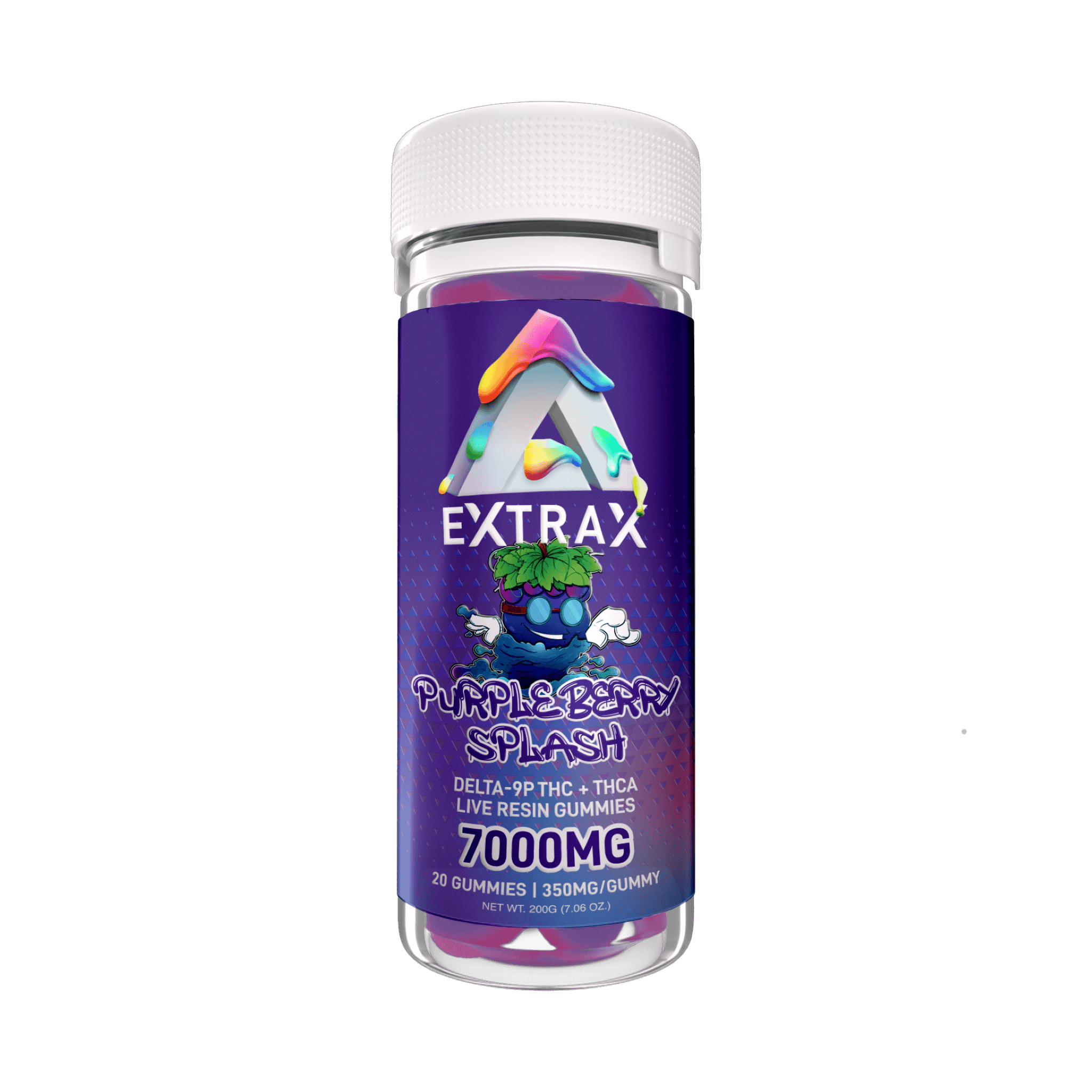 Extrax Adios Live Resin Gummies 20 pieces | Adios Purpleberry Splash THCA+D9P THC Edible Gummies 350mg per gummy/7000mg jar | CBD Direct Solutions