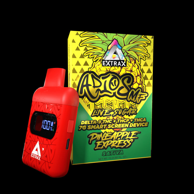 Adios MF THCA Live Sugar w/Smartscreen 7-gram Disposables | Adios MF Pineapple Express THCA, THCP, and Delta-9 THC Disposable | Pineapple Express (Sativa) Adios MF Live Sugar 7 gram Disposable | CBD Direct Solutions