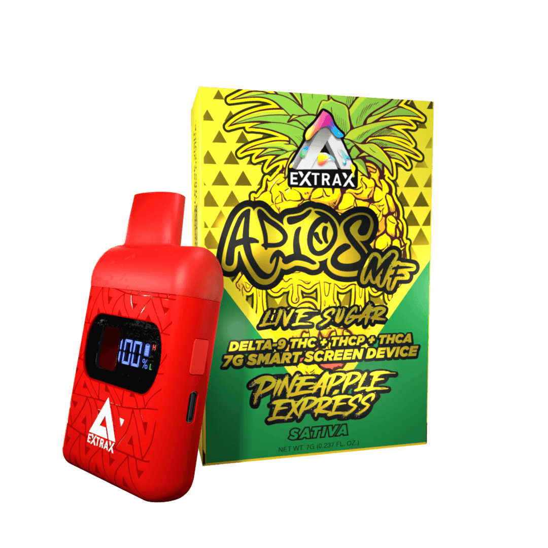 Adios MF THCA Live Sugar w/Smartscreen 7-gram Disposables | Adios MF Pineapple Express THCA, THCP, and Delta-9 THC Disposable | Pineapple Express (Sativa) Adios MF Live Sugar 7 gram Disposable | CBD Direct Solutions
