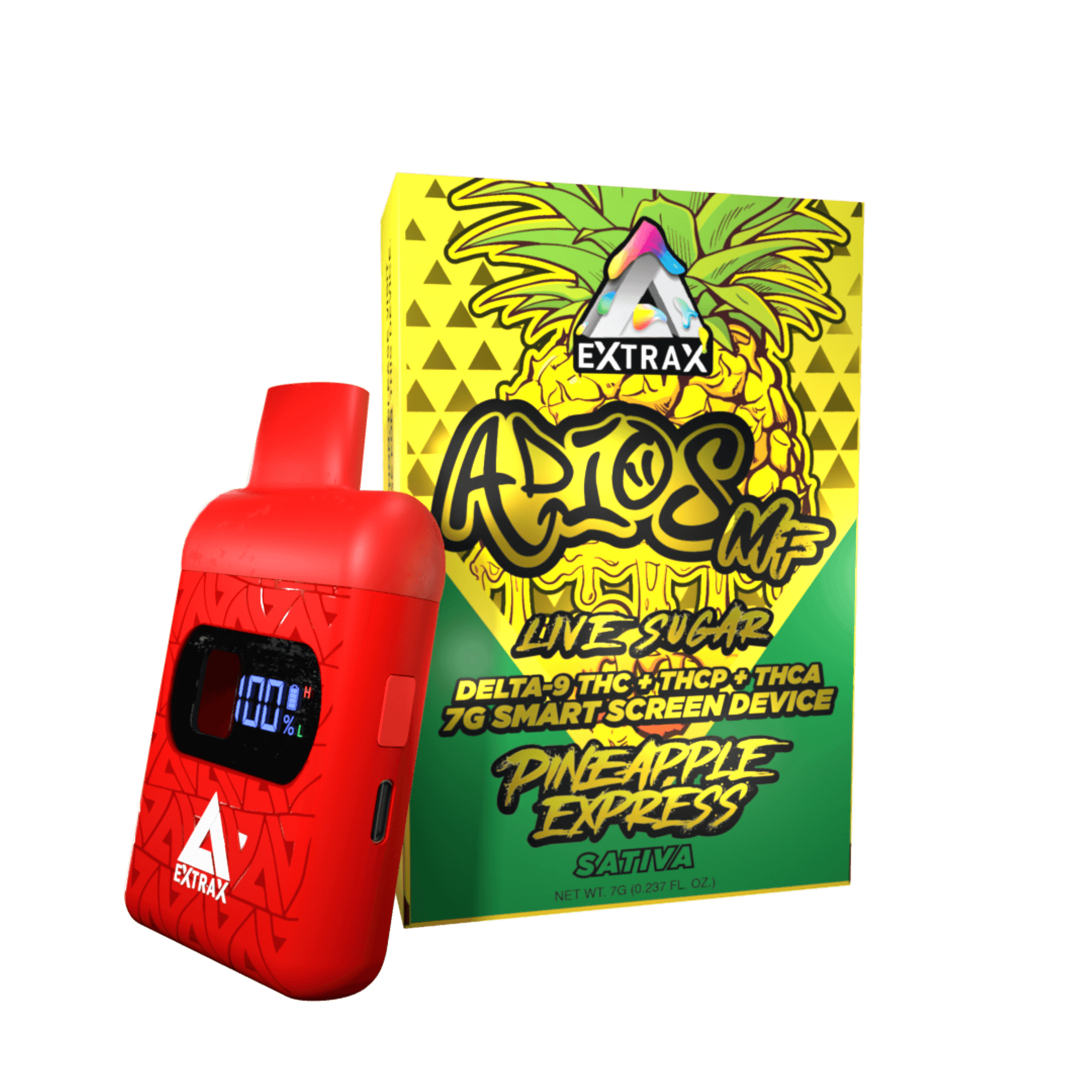 Adios MF THCA Live Sugar w/Smartscreen 7-gram Disposables | Adios MF Pineapple Express THCA, THCP, and Delta-9 THC Disposable | Pineapple Express (Sativa) Adios MF Live Sugar 7 gram Disposable | CBD Direct Solutions