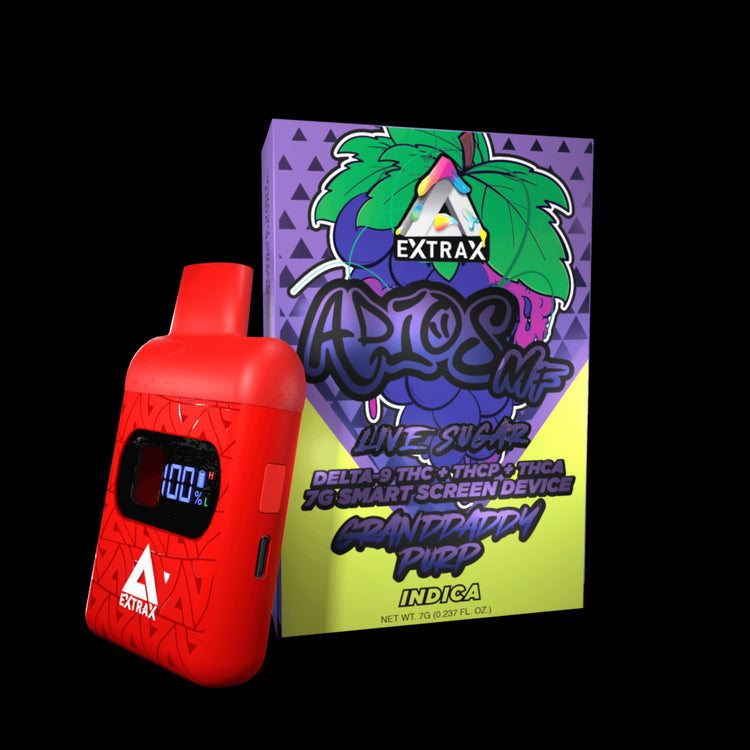 Adios MF THCA Live Sugar w/Smartscreen 7-gram Disposables | Adios MF Granddaddy Purple THCA, THCP, and Delta-9 THC Disposable | GDP/Grand Daddy Purp (Indica) Adios MF 7 gram Disposable | CBD Direct Solutions