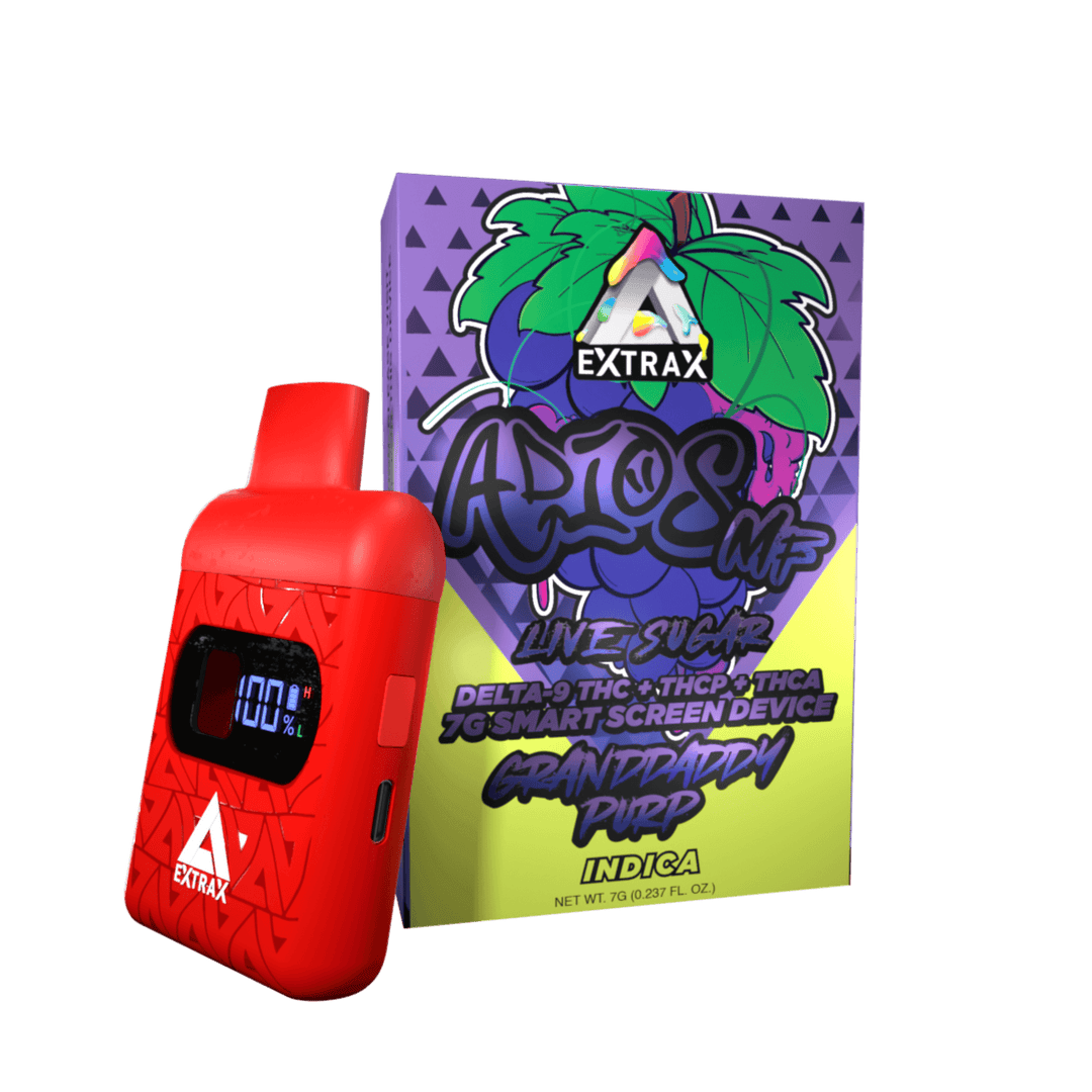 Adios MF THCA Live Sugar w/Smartscreen 7-gram Disposables | Adios MF Granddaddy Purple THCA, THCP, and Delta-9 THC Disposable | GDP/Grand Daddy Purp (Indica) Adios MF 7 gram Disposable | CBD Direct Solutions