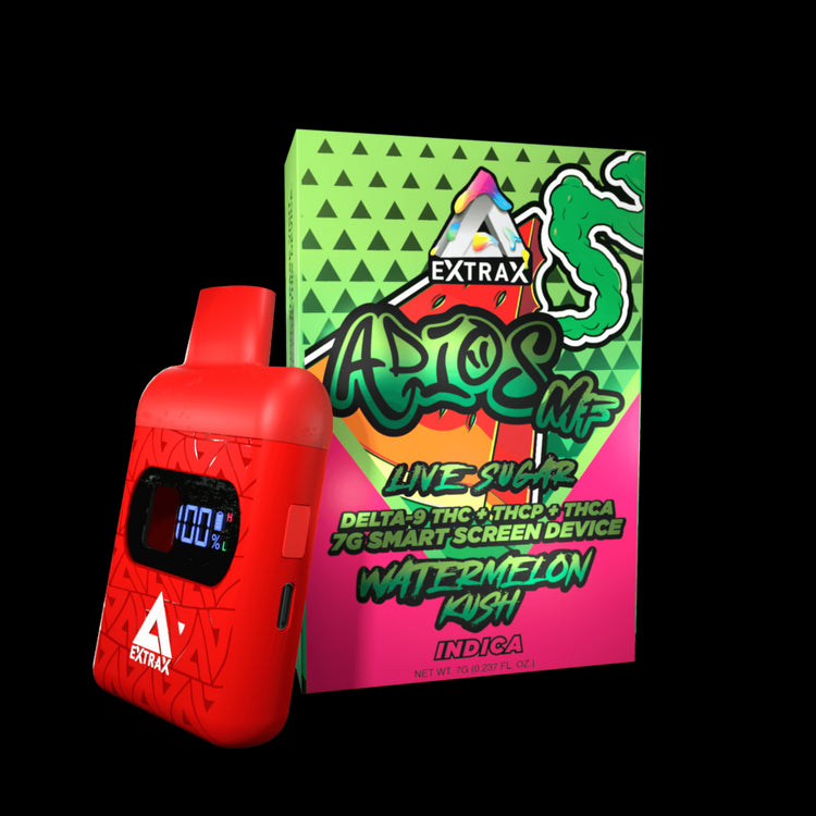 Adios MF THCA Live Sugar w/Smartscreen 7-gram Disposables | Adios MF Watermelon Kush THCA, THCP, and Delta-9 THC Disposable | Watermelon Kush (Indica) Adios MF Live Sugar 7 gram Disposable | CBD Direct Solutions