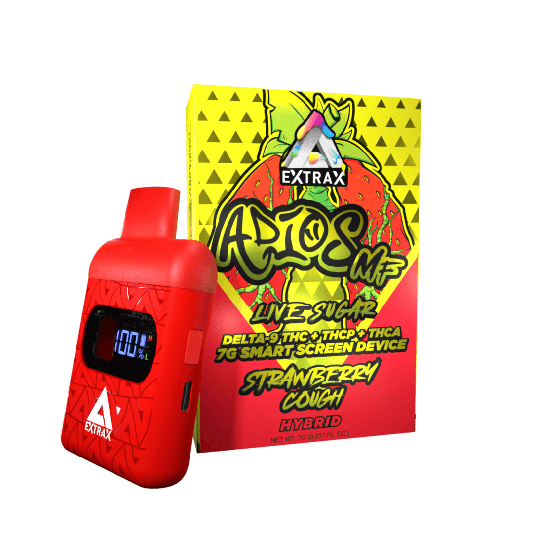 Adios MF THCA Live Sugar w/Smartscreen 7-gram Disposables | Adios MF Strawberry Cough THCA, THCP, and Delta-9 THC Disposable | Strawberry Cough (Hybrid) Adios MF Live Sugar 7 gram Disposable | CBD Direct Solutions