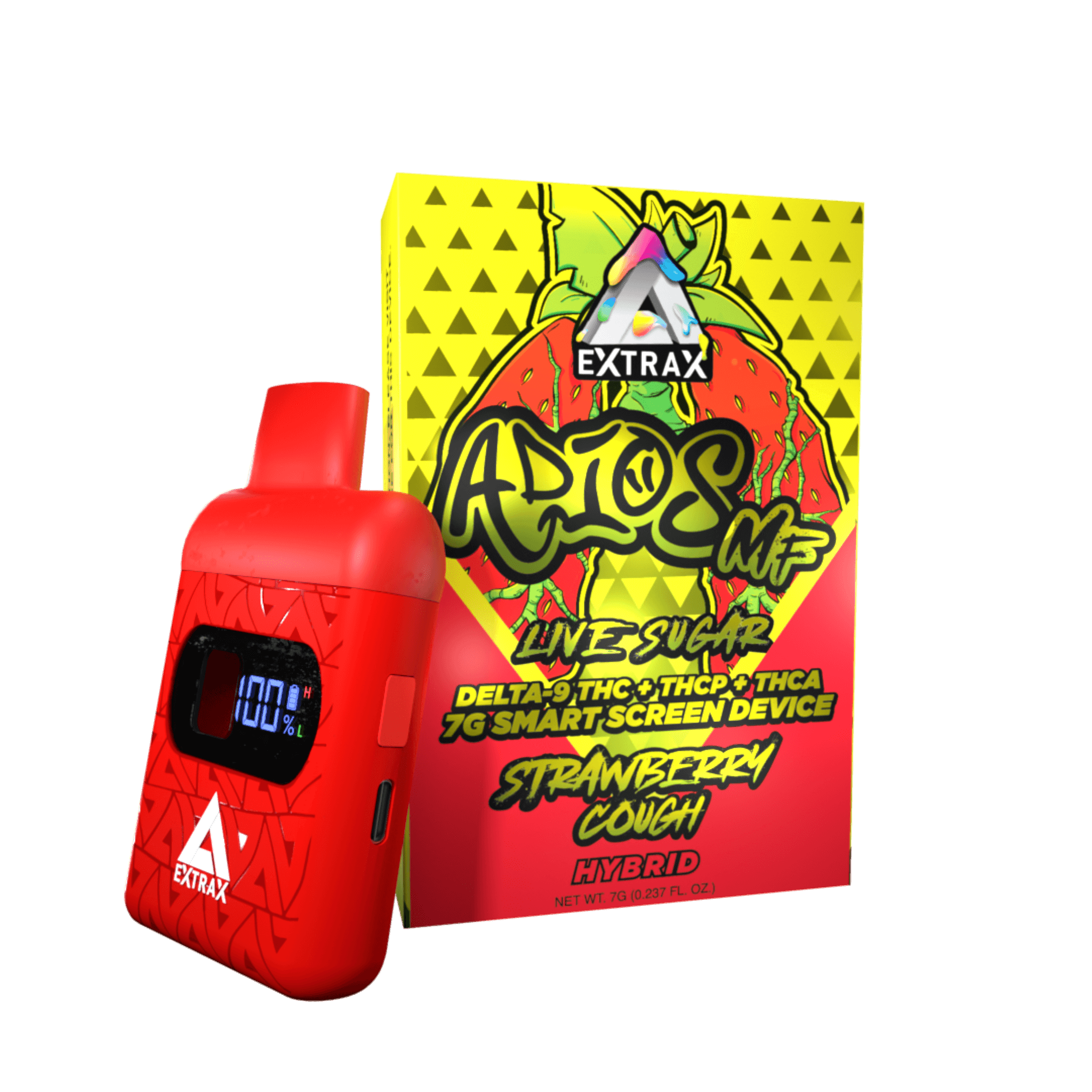 Adios MF THCA Live Sugar w/Smartscreen 7-gram Disposables | Adios MF Strawberry Cough THCA, THCP, and Delta-9 THC Disposable | Strawberry Cough (Hybrid) Adios MF Live Sugar 7 gram Disposable | CBD Direct Solutions