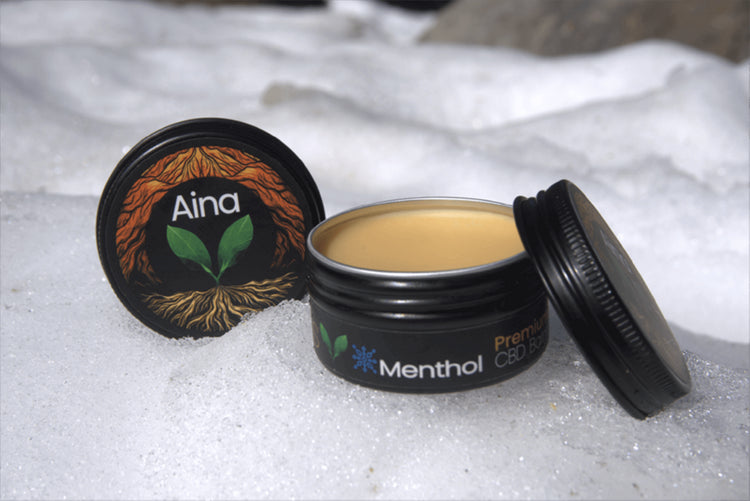Aina Wellness Tropical CBD Topical Menthol Balm in its packaging, featuring a blend of Kauai-grown botanicals, including Noni fruit, carefully sourced from the Hindu Monastery in Kauai | CBD Direct Solutions