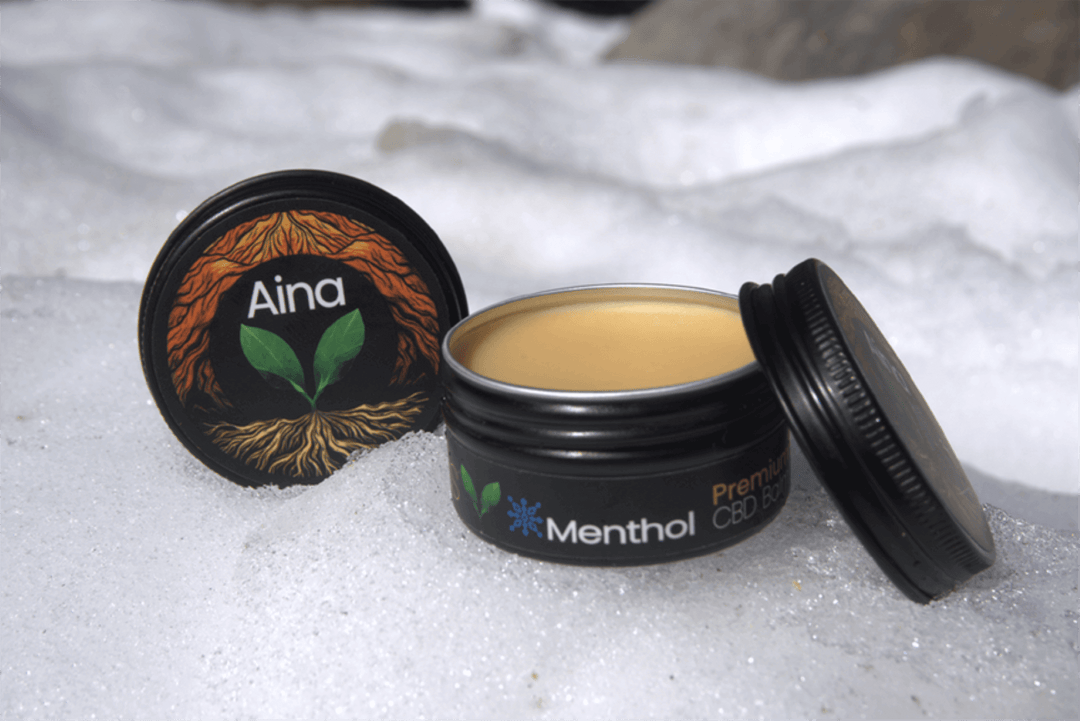 Aina Wellness Tropical CBD Topical Menthol Balm in its packaging, featuring a blend of Kauai-grown botanicals, including Noni fruit, carefully sourced from the Hindu Monastery in Kauai | CBD Direct Solutions