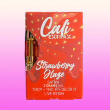Load image into Gallery viewer, Cali Extrax Live Resin Vape Carts 2-gram | Delta 11 THC, THCp, and THCh Live Resin Vape Cartridges | Delta-11 THC+THCP+THCh Live Resin Vape Cart - Strawberry Haze (Sativa) | Cali Extrax Strawberry Haze Live Resin Vape Cart 2 gram | Cali Extrax THCh, THCp, and Delta 11 Sativa Vape Carts | CBD Direct Solutions
