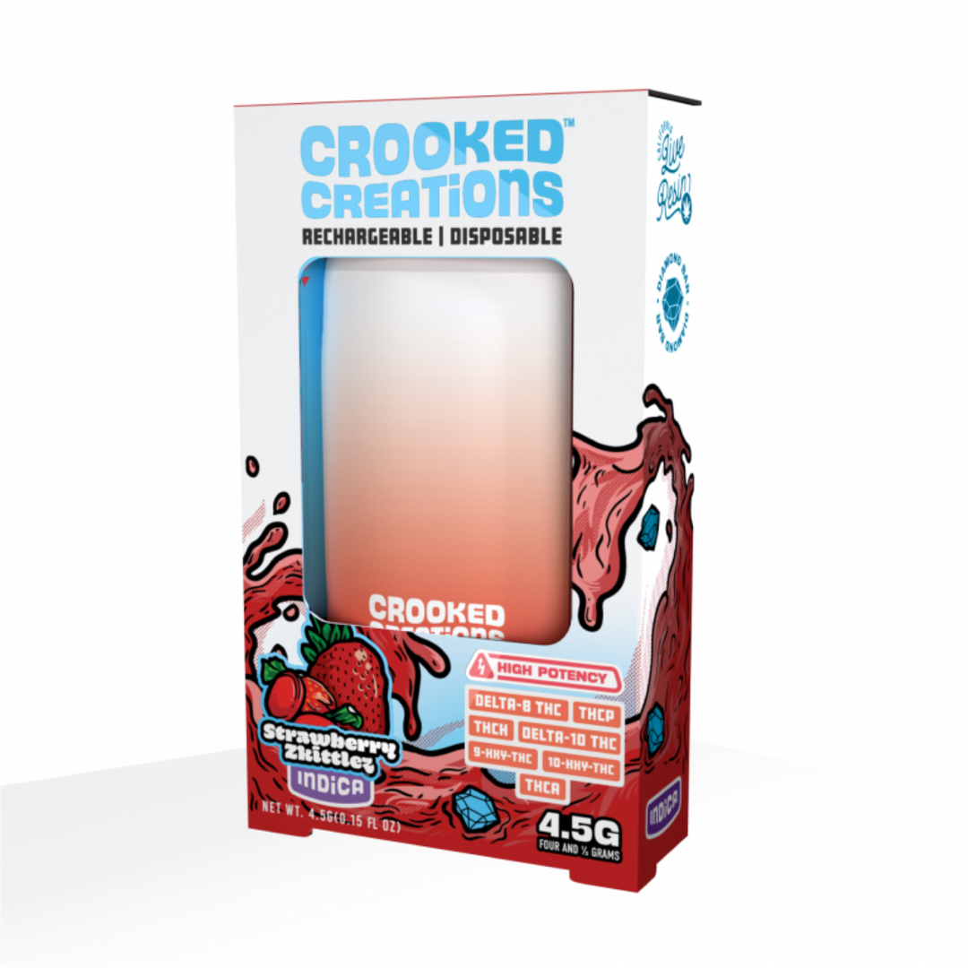 Crooked Creations Live Diamond Bar Disposables 4.5mL | Crooked Creations Strawberry Zkittlez Diamond Bar Disposable Tanks 4.5 Gram | Crooked Creations High Potency 4.5g Disposable Vape | Strawberry Zkittlez by Crooked Creations | Diamond Bar (Indica) 4.5-gram Disposable Vape - Strawberry Zkittlez | Liquid Diamond Bar | CBD Direct Solutions