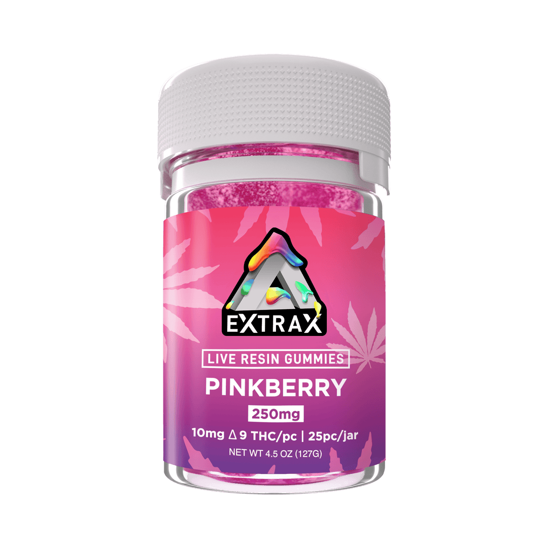 Extrax Pinkberry Delta-9 THC Live Resin Gummies | Pinkberry D9 Live Resin Edible Gummies | Extrax Delta 9 Live Resin Gummies 250mg jar/10mg per gummy | Extrax Live Resin Chewable Gummies 25 pieces per jar | CBD Direct Solutions