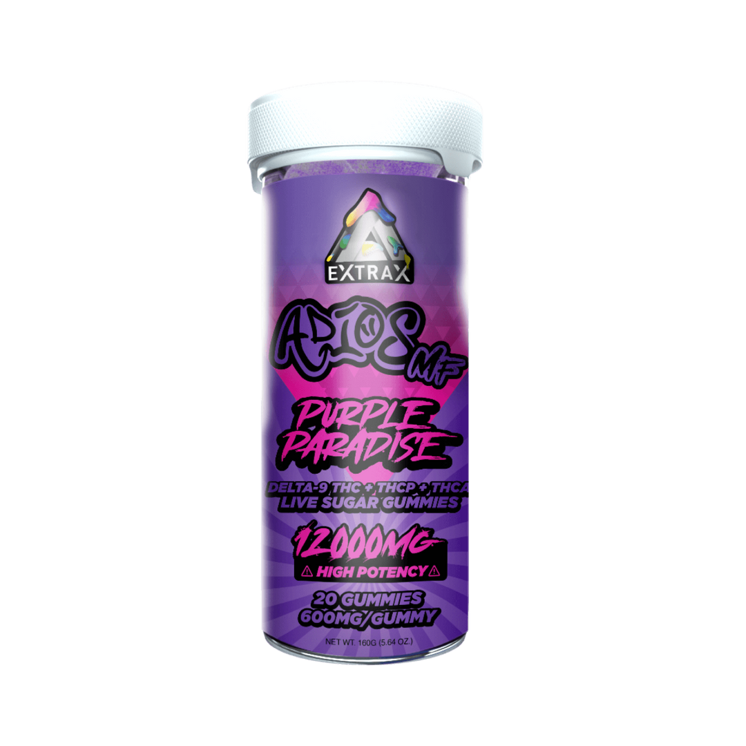 Extrax Adios MF Purple Paradise Gummies 600 mg apiece/12000 mg per unit | Adios MFer Edible Gummies - Purple Paradise | Delta Extrax Adios MF Series Purple Paradise 20 piece/600mg Gummies | Adios MF Live Sugar Collection Gummies | High Potency Live Sugar THCA+Delta-9 THC+Delta-8+THCP Gummies | CBD Direct Solutions