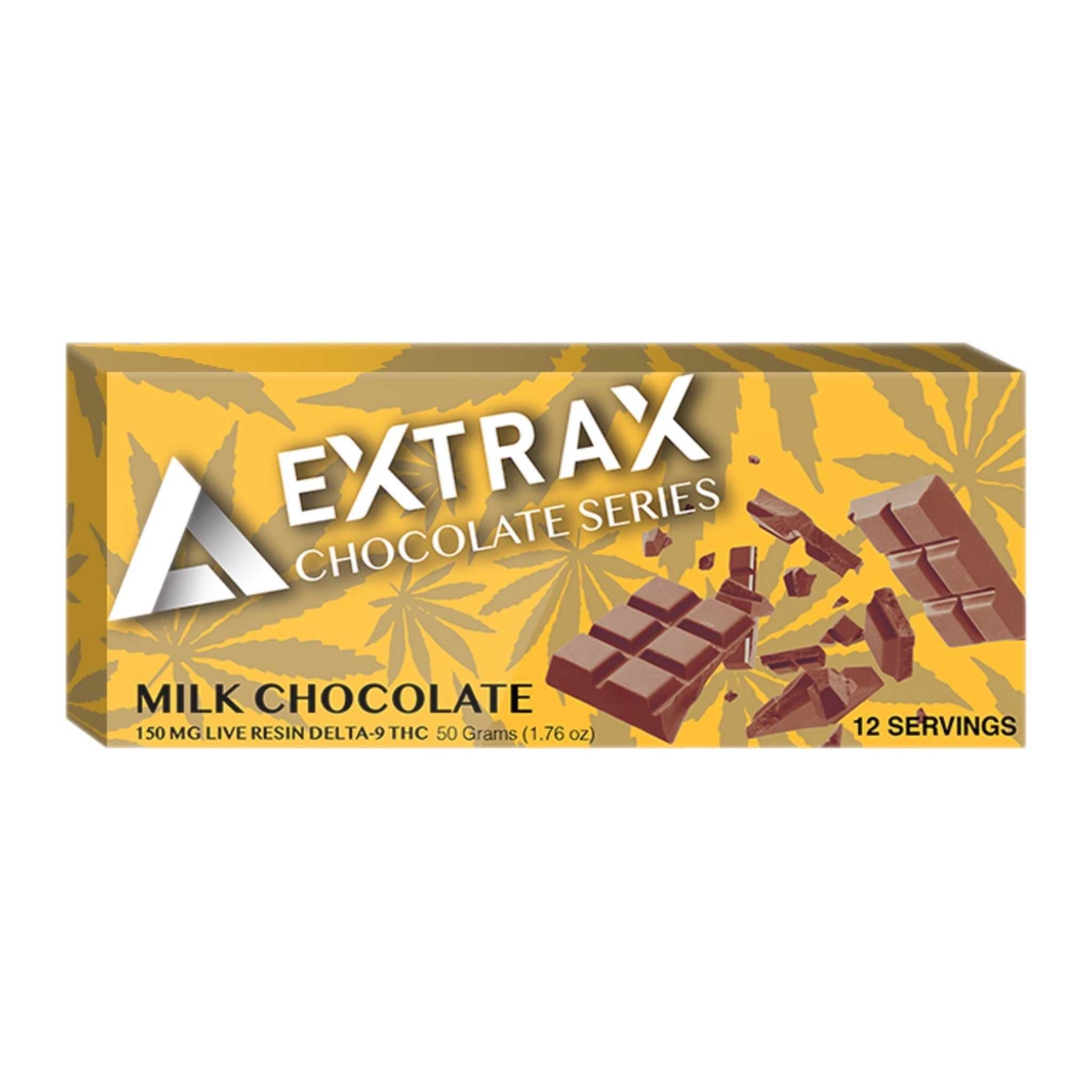 Extrax Delta-9 THC Live Resin Milk Chocolate Candy Bars 150mg | Delta 9 THC Live Resin Milk Chocolate Bars 12.5mg per piece | Live Resin D9 milk chocolate edibles | D9 milk chocolate candy bars | Delta-9 chocolates | THC chocolates | CBD Direct Solutions