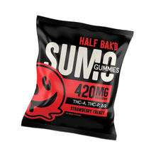 Load image into Gallery viewer, Half Baked Sumo Gummies 840mL (2 pack) - Strawberry Frenzy | HALF BAK&#39;D Strawberry Frenzy Sumo Edibles 2pk | THCA Sumo Blend Edibles 420mg per gummy | Half Baked THCA+D8+THCP Sumo Gummies 840mg pouch | Delta-8 THC Sumo Edibles - Strawberry Frenzy by Half Bak&#39;d | THCP Sumo 2-count Edibles | CBD Direct Solutions
