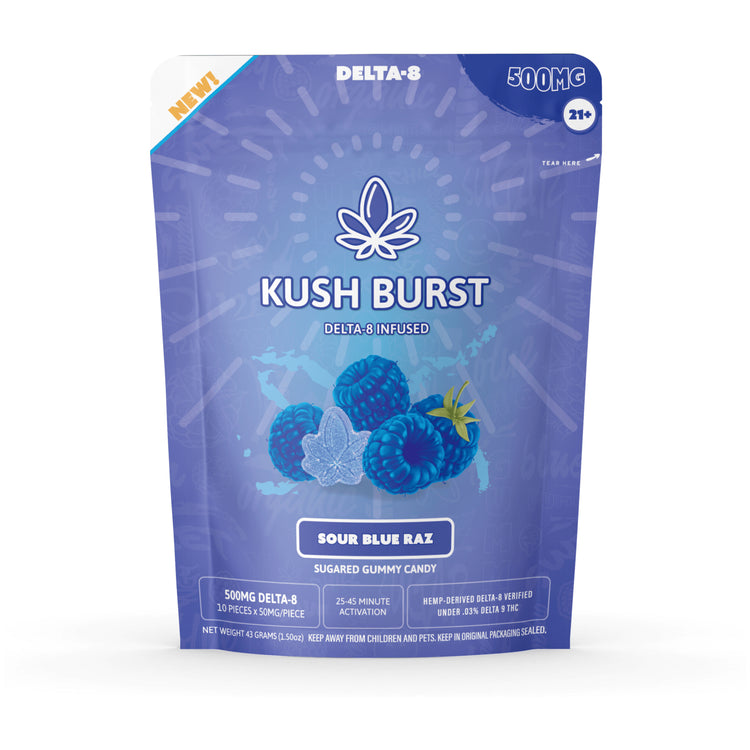 Kush Burst Delta-8 THC Sour Blue Raz Edible Gummies 50mg per gummy/500mg unit | CBD Direct Solutions