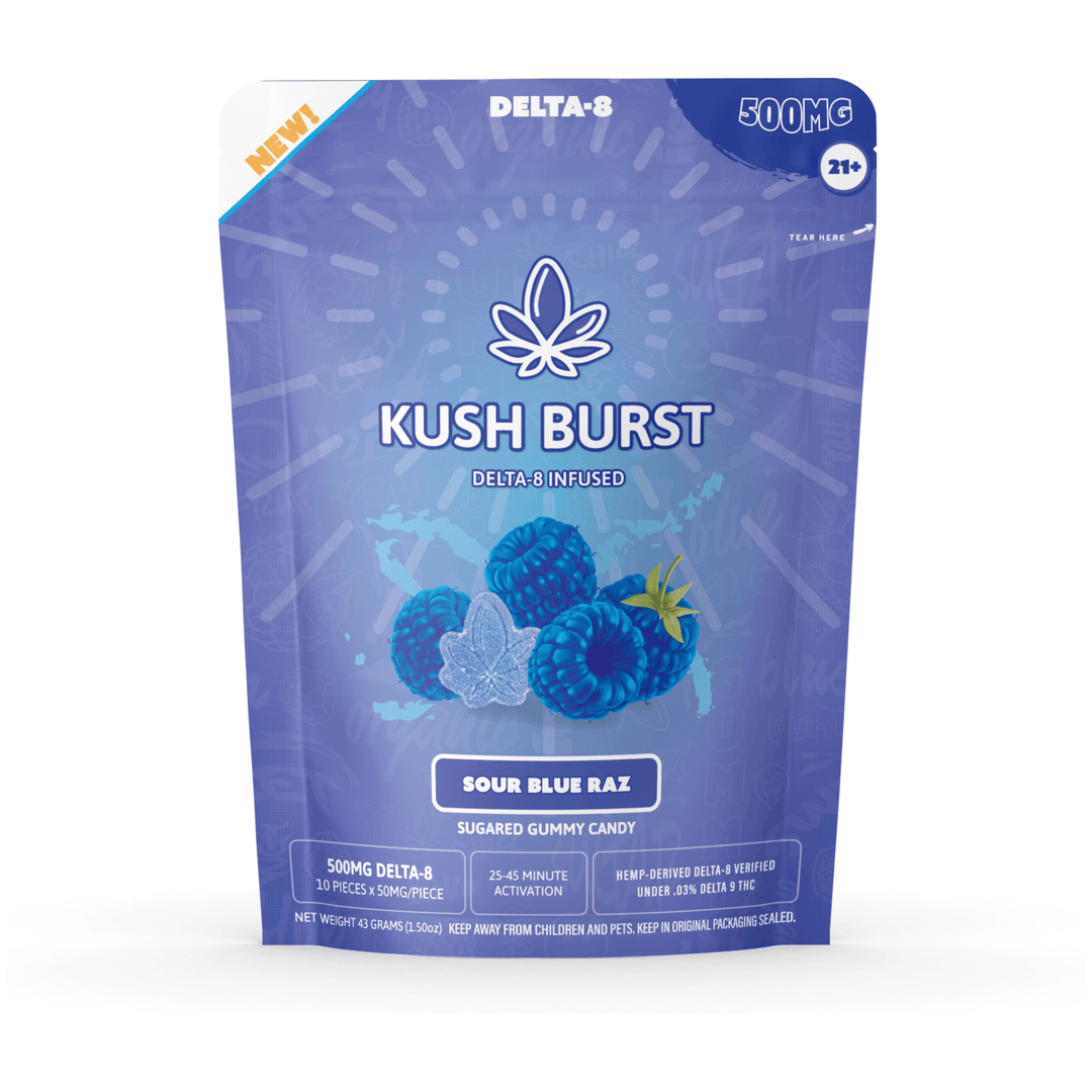 Kush Burst Delta-8 THC Sour Blue Raz Edible Gummies 50mg per gummy/500mg unit | CBD Direct Solutions