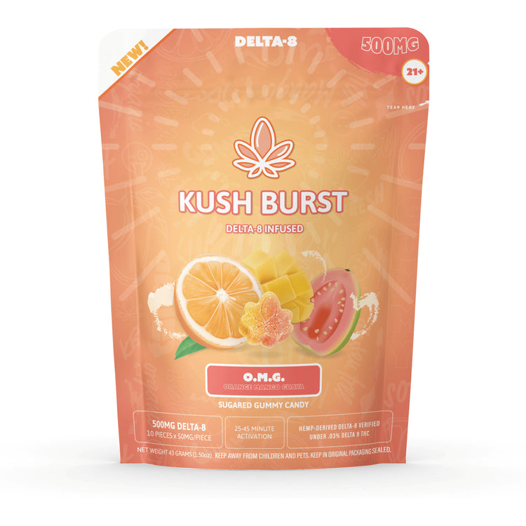 Kush Burst Delta-8 THC Orange Mango Guava Edible Gummies 50mg per gummy/500mg unit | Kush Burst OMG Delta-8 Edible Gummies | CBD Direct Solutions