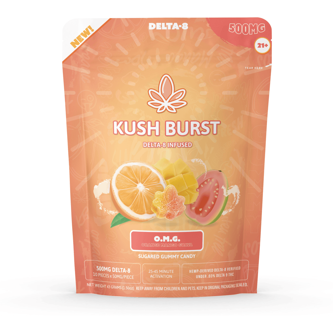 Kush Burst Delta-8 THC Orange Mango Guava Edible Gummies 50mg per gummy/500mg unit | Kush Burst OMG Delta-8 Edible Gummies | CBD Direct Solutions