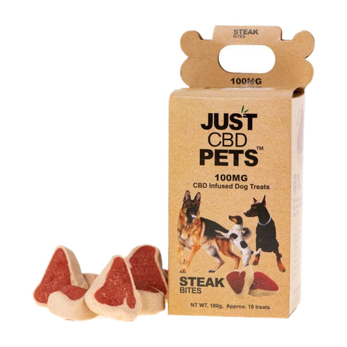 JUSTCBDPets Infused CBD Dog Biscuits 100mg | JUSTPets CBD Steak Bite Dog Treats100mg | JUSTCBD Pets - Steak Bites | Infused CBD Dog Treats by JustCBDPets | Just CBD Pets - Steak Bite CBD infused Dog Treats 100mg | CBD infused Dog Snacks by JUSTCBD | CBD Direct Solutions