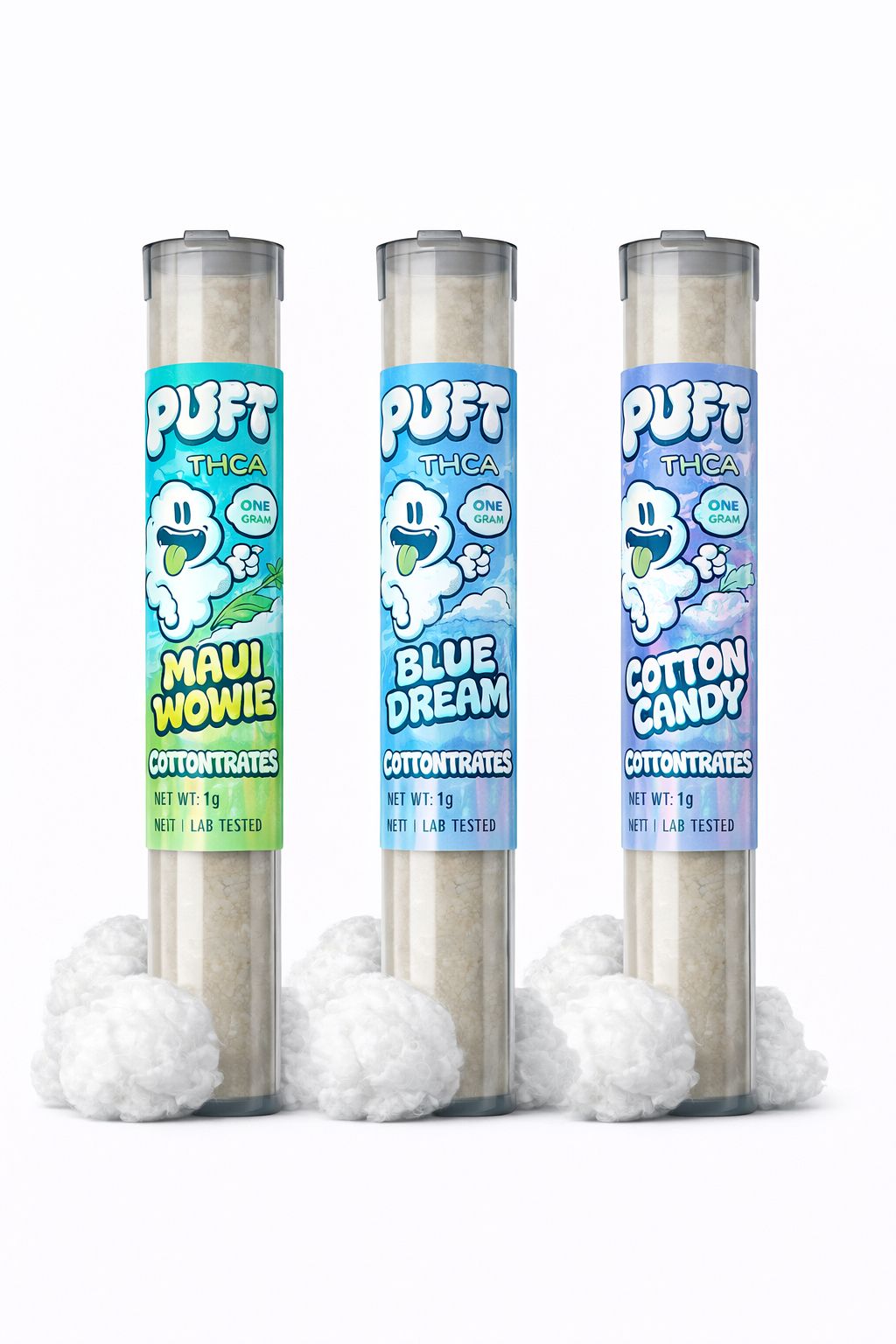 Puft Cottontrates THCA concentrate dabs featuring Blue Dream, Cotton Candy, and Maui Wowie strains with soft cotton-like texture – premium lab-tested dabs from CBD Direct Solutions.