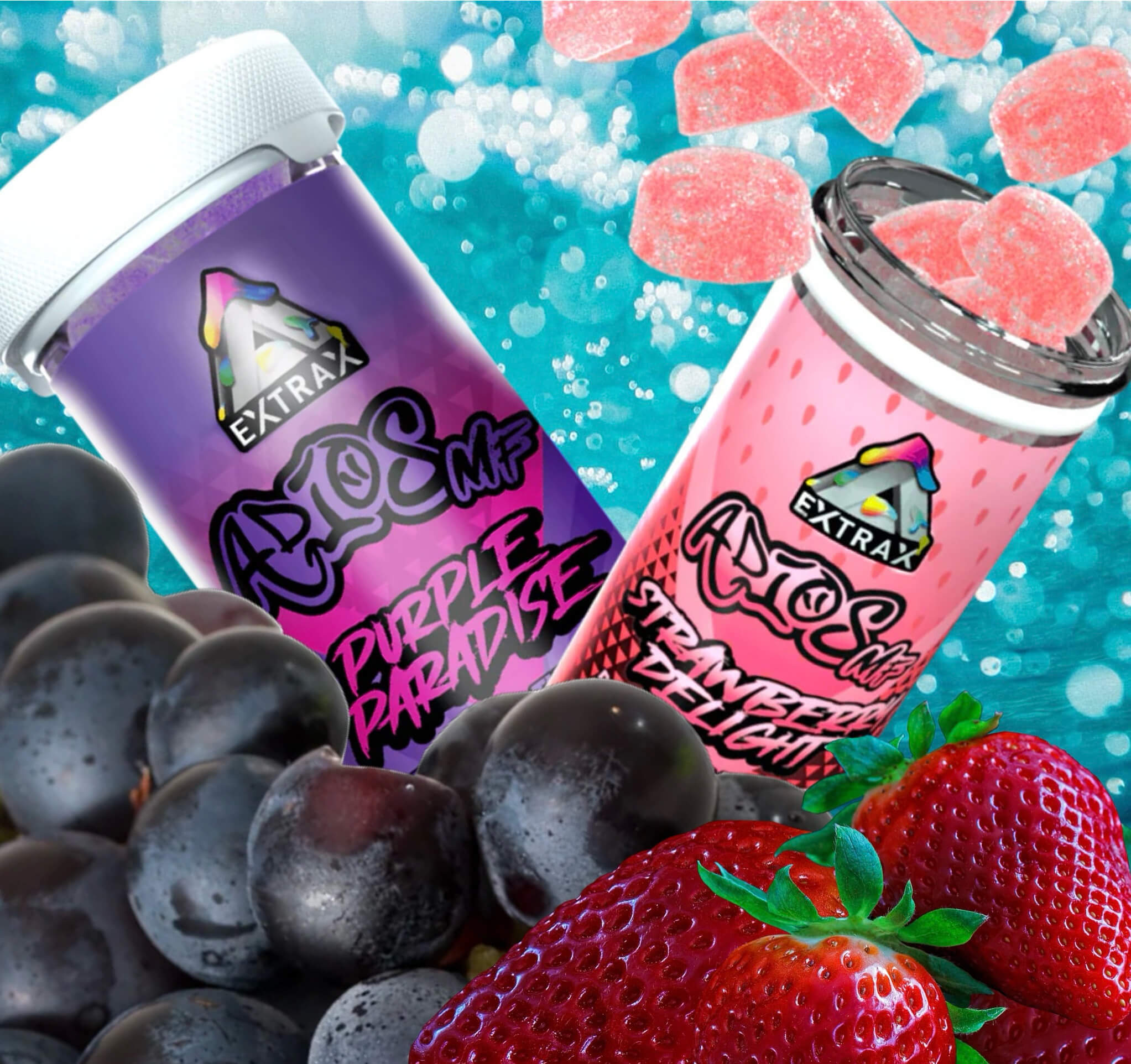 Extrax Adios MF Purple Paradise (grape) and Strawberry Delight edible gummies