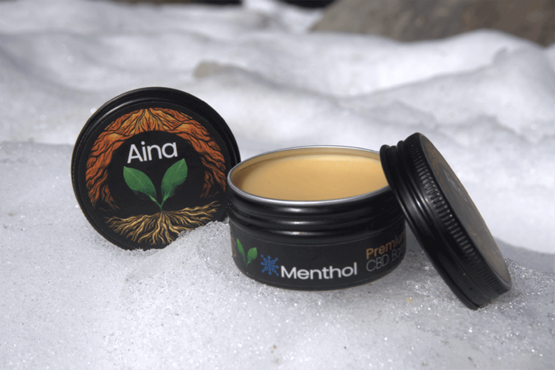 Aina Wellness Tropical CBD Topical Menthol Balm in its packaging, featuring a blend of Kauai-grown botanicals, including Noni fruit, carefully sourced from the Hindu Monastery in Kauai | CBD Direct Solutions 