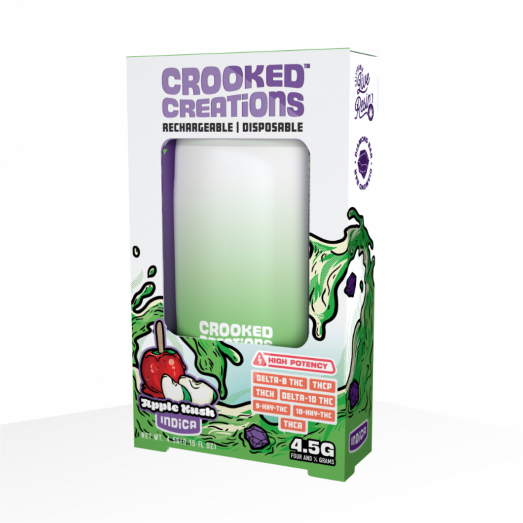 Crooked Creations Live Diamond Bar Disposables 4.5mL | Crooked Creations Apple Kush Diamond Bar Disposable Tanks 4.5 Gram | Crooked Creations High Potency 4.5g Disposable Vape | Live Resin Delta-8+Delta-10 THC+THCP+THCH+9-HXY+10-Hydroxy+THCA - Apple Kush by Crooked Creations | Apple Kush (Indica) 4.5-gram Disposable Vape | CBD Direct Solutions