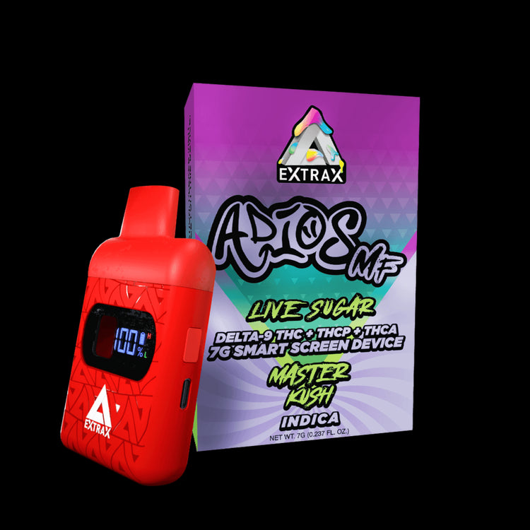 Adios MF THCA Live Sugar w/Smartscreen 7-gram Disposables | Extrax Adios MF Master Kush THCA, THCP, and Delta-9 THC Disposable | Master Kush (Indica) Adios MF Live Sugar 7 gram Disposable | CBD Direct Solutions