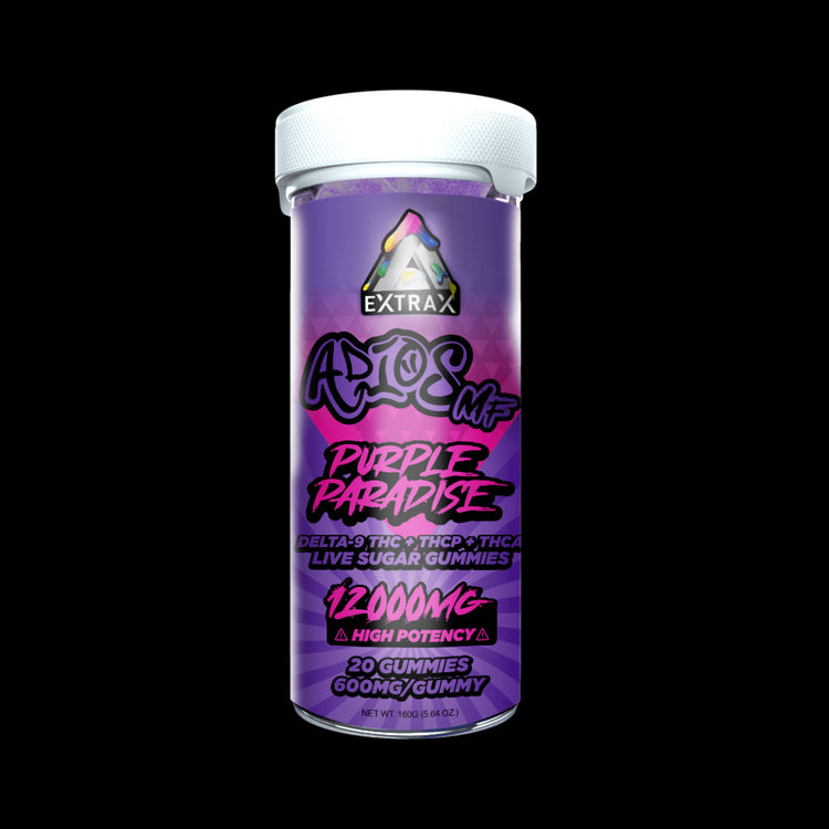 Extrax Adios MF Purple Paradise Gummies 600 mg apiece/12000 mg per unit | Adios MFer Edible Gummies - Purple Paradise | Delta Extrax Adios MF Series Purple Paradise 20 piece/600mg Gummies | Adios MF Live Sugar Collection Gummies | High Potency Live Sugar THCA+Delta-9 THC+Delta-8+THCP Gummies | CBD Direct Solutions