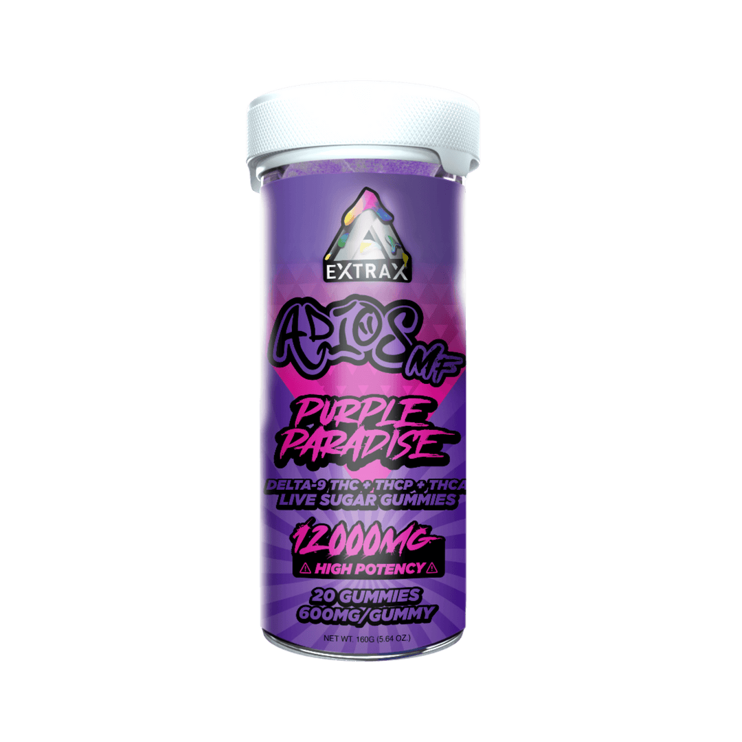 Extrax Adios MF Purple Paradise Gummies 600 mg apiece/12000 mg per unit | Adios MFer Edible Gummies - Purple Paradise | Delta Extrax Adios MF Series Purple Paradise 20 piece/600mg Gummies | Adios MF Live Sugar Collection Gummies | High Potency Live Sugar THCA+Delta-9 THC+Delta-8+THCP Gummies | CBD Direct Solutions