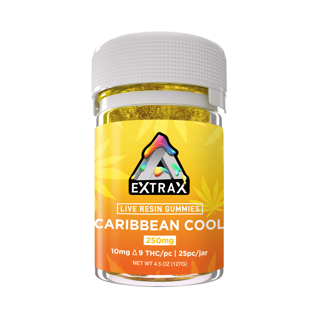 Extrax Caribbean Cool Delta-9 THC Live Resin Gummies | Caribbean Cool D9 Live Resin Edible Gummies | Extrax Delta 9 Live Resin Gummies 250mg jar/10mg per gummy | Extrax Live Resin Chewable Gummies 25 pieces per jar | CBD Direct Solutions