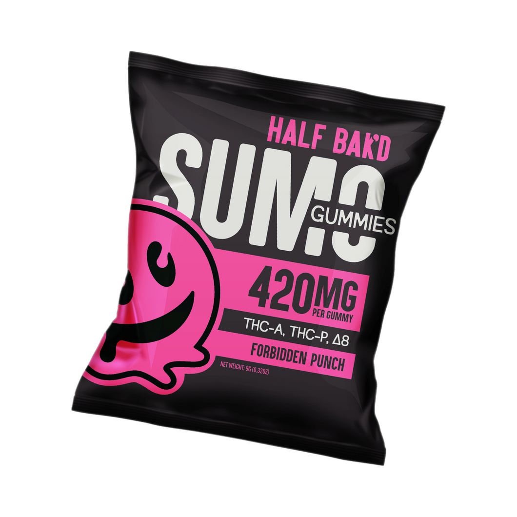 Half Baked Sumo Gummies 840mL (2 pack) - Forbidden Fruit | HALF BAK'D Forbidden Fruit Sumo Gummy 420mg/2pk | THCA Blend Sumo Gummies 420mg per gummy | Half Baked THCA+D8+THCP Blended Sumo Gummies 840mg pouch | Delta-8 THC Sumo Gummies - Forbidden Fruit by Half Bak'd | THCP Sumo Gummies 2ct | CBD Direct Solutions