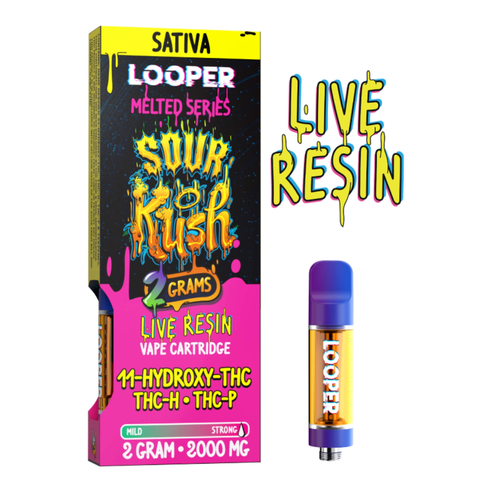 Looper Melted Series Sour Kush 2-gram Vape Cart | Sour Kush 2-gram Live Resin Sativa Vape Carts | Looper Melted Series 11-HXY+THCH+THCP Carts 2g/2000mg | CBD Direct Solutions