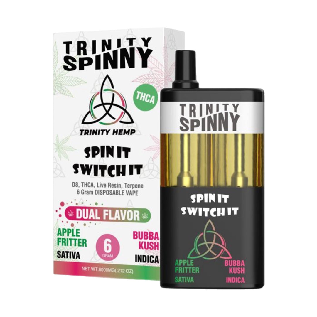 Trinity Hemp Spinny 2-in-1 Strain Disposables 6000mg | Trinity Spinny Dual Strain Apple Fritter and Bubba Kush Disposable Vape 6-gram | Trinity Spinny Sativa and Indica Dual Flavor 6g Disposables | CBD Direct Solutions