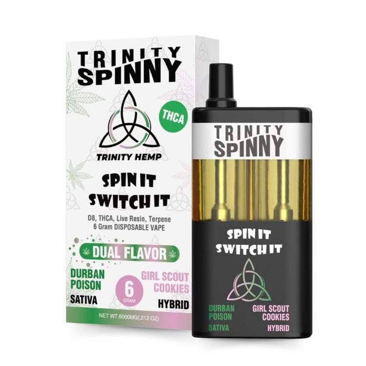 Trinity Hemp Spinny 2-in-1 Strain Disposables 6000mg | Trinity Spinny Dual Strain Durban Poison and Girl Scout Cookies (GSC) Disposable Vape 6-gram | Trinity Spinny Sativa and Hybrid Dual Flavor 6g Disposables | CBD Direct Solutions