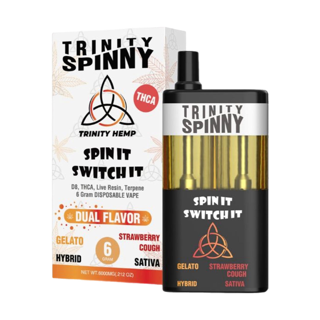 Trinity Hemp Spinny 2-in-1 Strain Disposables 6000mg | Trinity Spinny Dual Strain Gelato and Strawberry Cough Disposable Vape 6-gram | Trinity Spinny Hybrid and Sativa Dual Flavor 6g Disposables | Spinny Delta 8 and THCA Live Resin Disposables | CBD Direct Solutions