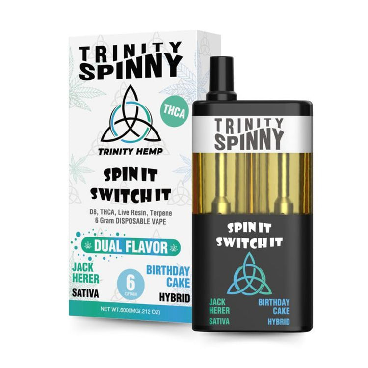 Trinity Hemp Spinny 2-in-1 Strain Disposables 6000mg | Trinity Spinny Dual Strain Jack Herer and Birthday Cake Disposable Vape 6-gram | Trinity Spinny Sativa and Hybrid Dual Flavor 6g Disposables | CBD Direct Solutions