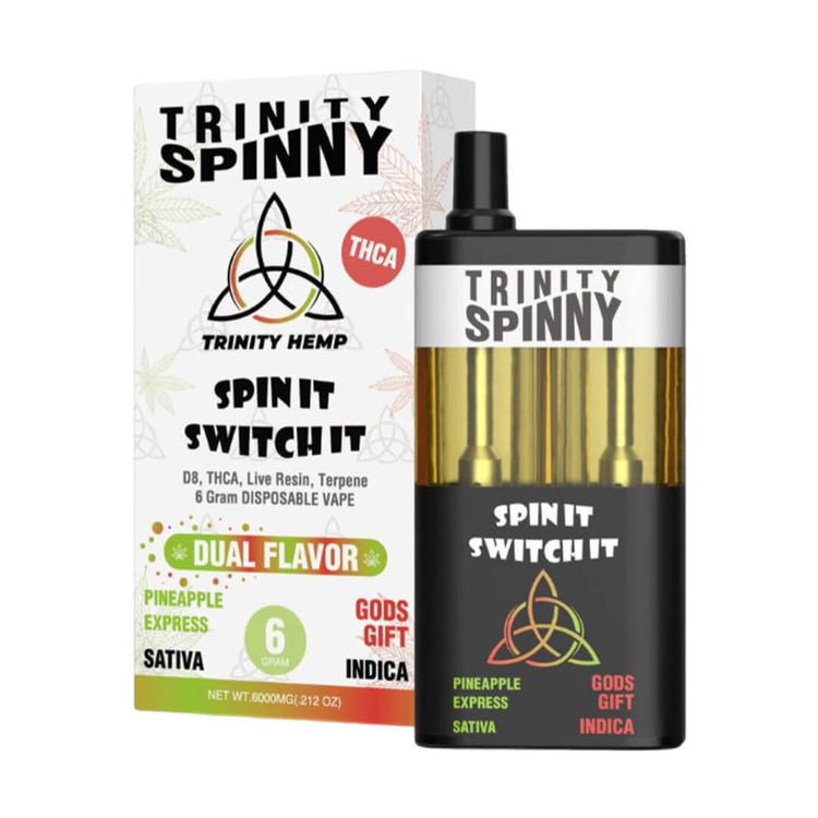 Trinity Hemp Spinny 2-in-1 Strain Disposables 6000mg | Trinity Spinny Dual Strain Pineapple Express and Gods Gift Disposable Vape 6-gram | Trinity Spinny Sativa and Indica Dual Flavor 6g Disposables | CBD Direct Solutions