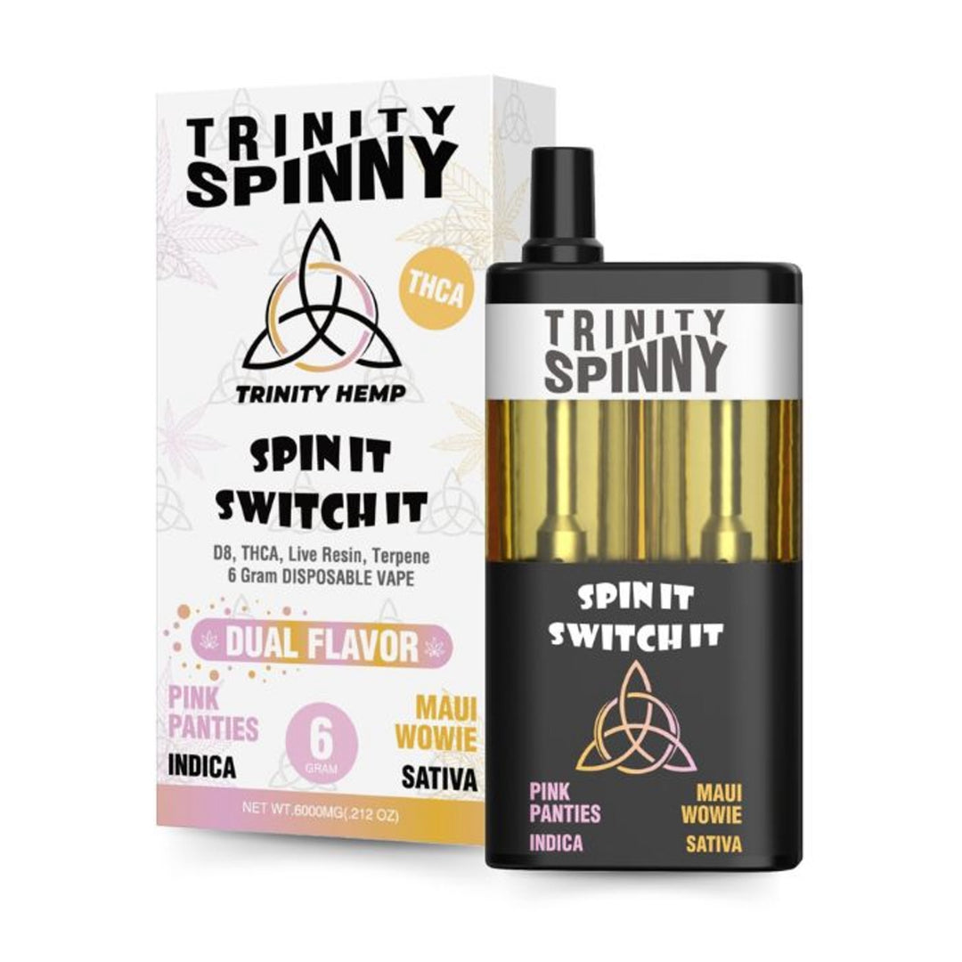 Trinity Hemp Spinny 2-in-1 Strain Disposables 6000mg | Trinity Spinny Dual Strain Pink Panties and Maui Wowie Disposable Vape 6-gram |  Trinity Spinny Indica and Sativa Dual Flavor 6g Disposables | CBD Direct Solutions