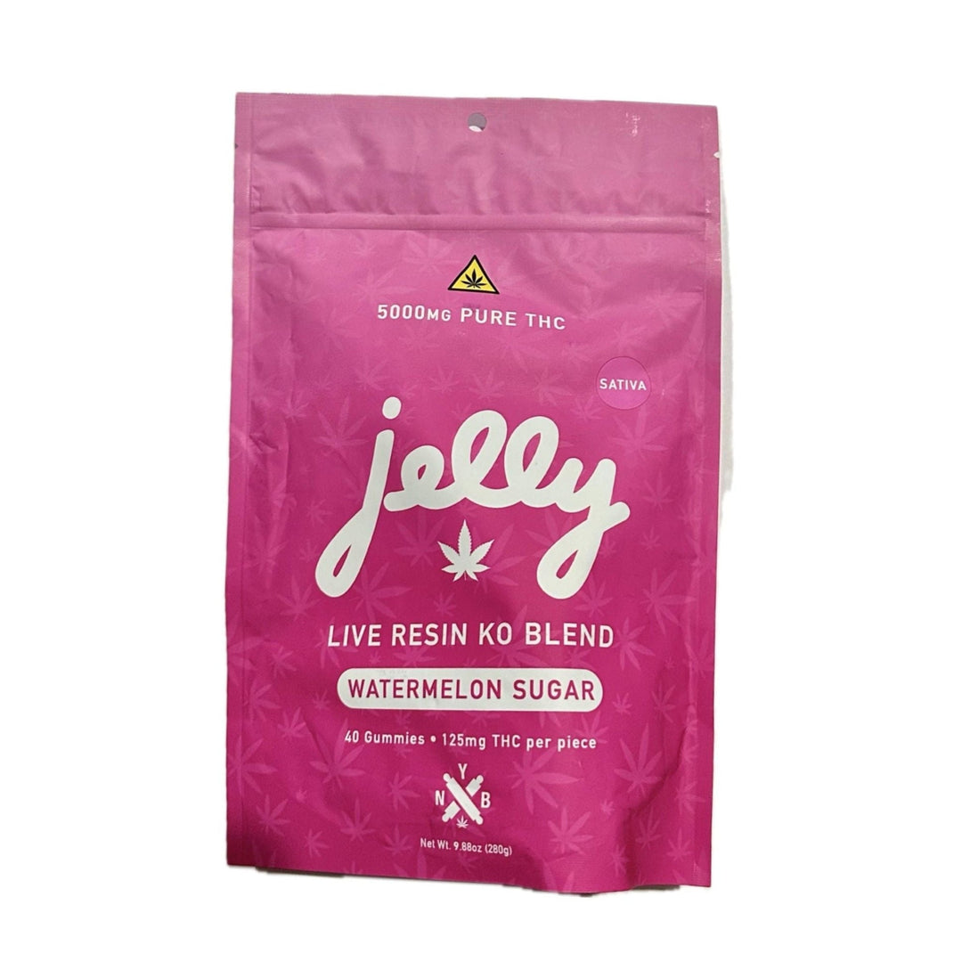 Jelly NYB KO Live Resin Blend Watermelon Sugar Gummies Sativa 40 count 5000mg resealable zip-lock pouch
