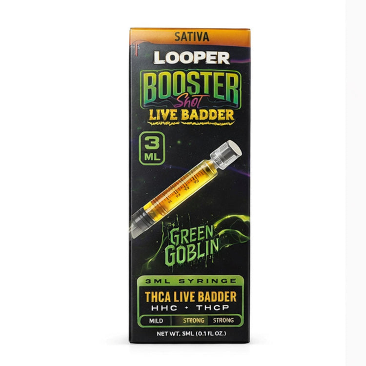 Looper THCA Live Badder Green Goblin extract concentrate Booster Shot with Looper colorful packaging, species, and strain label | CBD Direct Solutions 