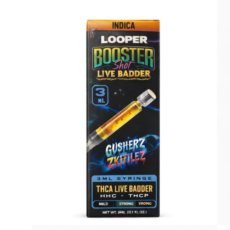 Looper THCA Live Badder Gusherz Zkittles hemp-concentrated dab in a Booster Shot syringe featuring the strain name and Looper branding | CBD Direct Solutions