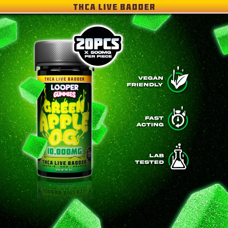 Facts, ingredients, and cannabinoid content for Looper Green Apple OG THCA Live Badder Gummies | CBD Direct Solutions